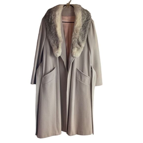 Vintage Elegant Gray beige Women's long belted Coat with Fur Collar L/XL - Picture 7 of 16